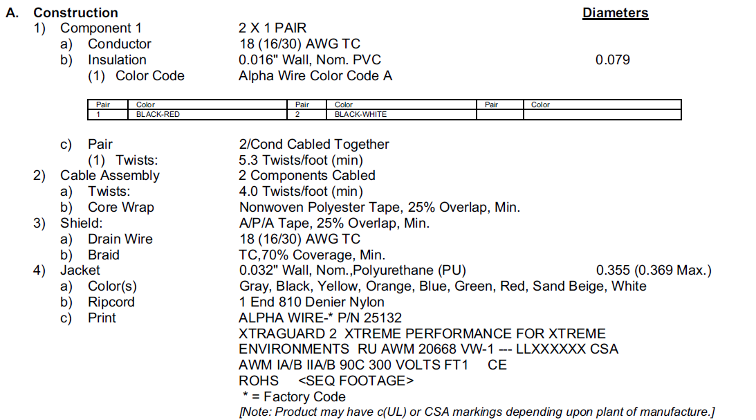 Cable armored 3C x 18AWG , PN: 25132 BL199