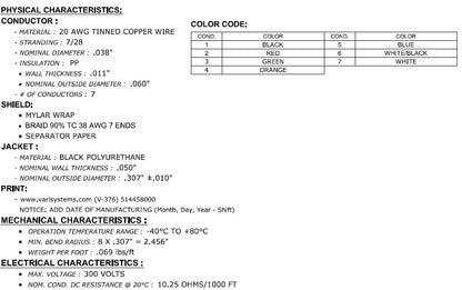 Cable unarmored, 7C x 20AWG Polyurethane, PN: VAR 376  (per meter)